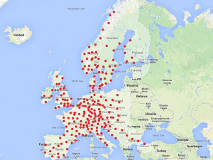 Předpokládaná síť Tesla Supercharger dobíjecích stanic v roce 2015