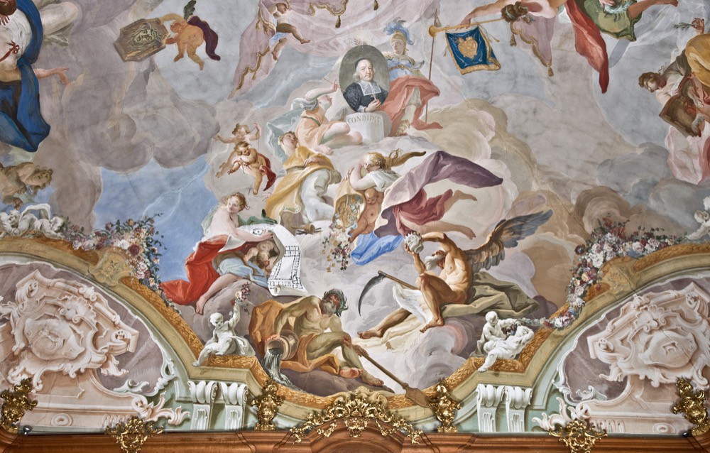 Josef Stern - Apoteóza Karla z Lichtensteinu-Castelcorna, nástěnná malba, 1759, Kroměříž, Arcibiskupský zámek, velký knihovní sál