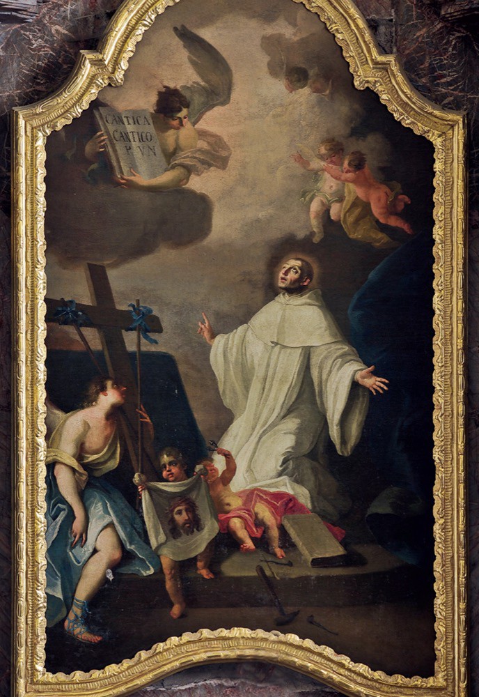 Sv. Bernard z Clairvaux s nástroji Kristova umučení, 1765–1770, Předklášteří u Tišnova, kostel Nanebevzetí Panny Marie, boční oltář sv. Bernarda z Clairvaux