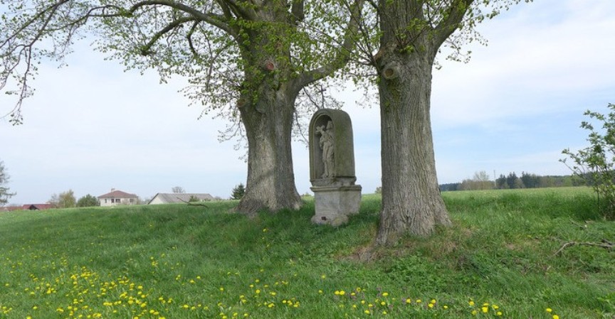Socha sv. Jana Nepomuckého uprostřed dvou vzrostlých lip v Radostíně na Havlíčkobrodsku