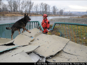 Zásah hasičů pro pádu lávky.