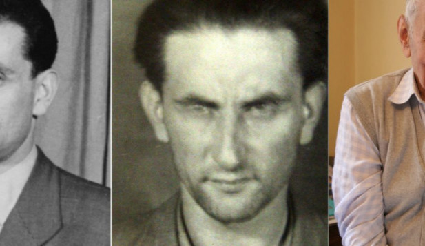 Alexander Feuerstein. Uprostřed při zatčení v roce 1951, vpravo současný portrét.