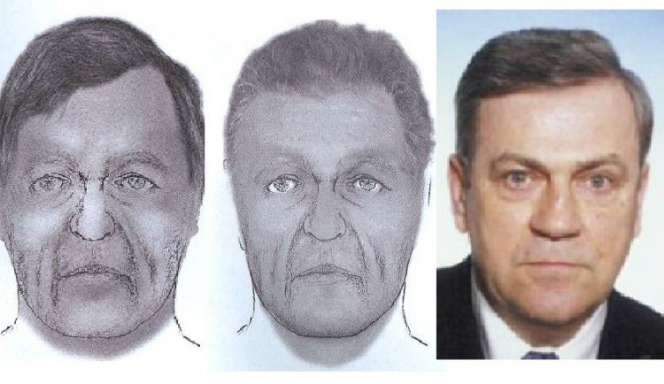 Portrét pohřešovaného muže vypracovaný na základě rekonstrukce obličeje, třetí tvář patří Lambertu Krejčířovi.