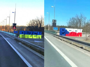 Sprejeři nastříkali nápis PLZEŇ ukrajinskými barvami, po kritice ho někdo předělal na českou verzi