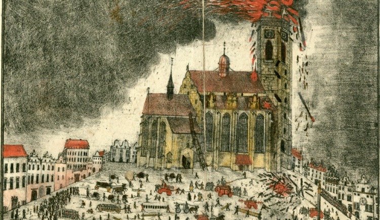 Další ničivý požár postihl Plzeň v roce1835, kdy blesk zapálil věz kostela sv. Bartoloměje, zdroj: Archiv města Plzně.