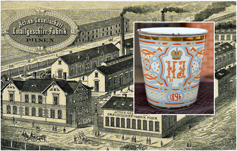 Jeden z nejstarších pohledů na plzeňskou továrnu Bartelmus a osudný pohárek z oslavy carské korunovace