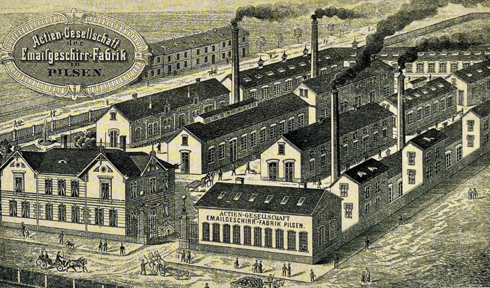 Jeden z nejstarších pohledů na plzeňskou továrnu Bartelmus