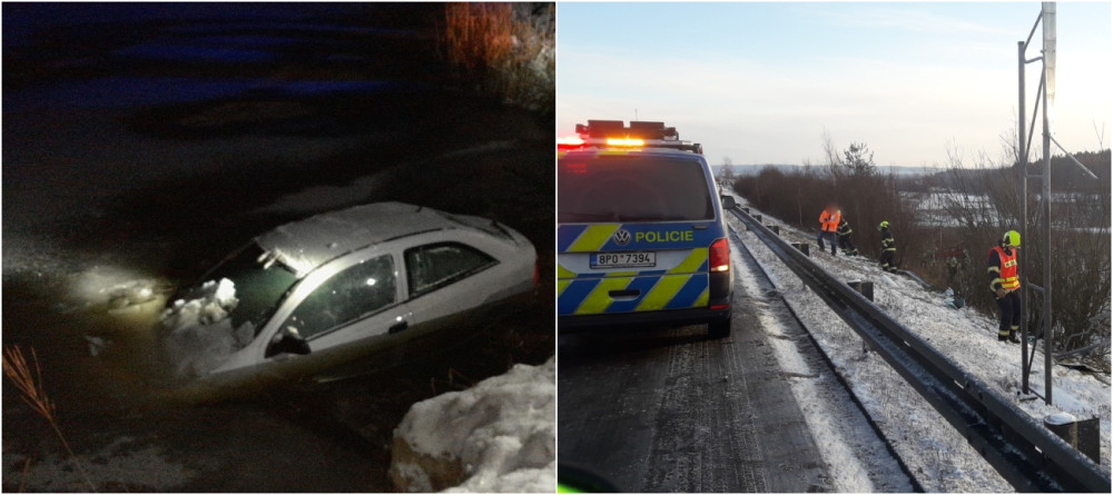 Řidička nezvládla jízdu po kluzké silnici a skončila v rybníku, další žena vylétla s autem z dálnice
