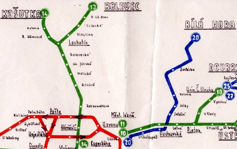 Trasa původních trolejbusových linek 13 a 14 z náměstí Republiky přes Rooseveltův most do Bolevce a Košutku v padesátých letech minulého století.