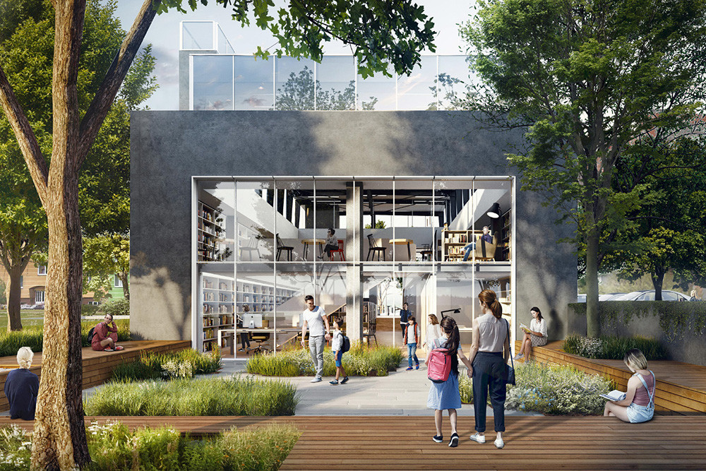 Vizualizace pobočky Knihovny města Olomouce v Trnkově ulici.