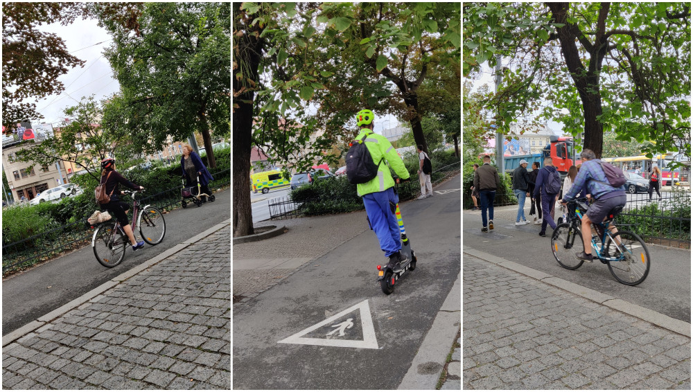 Cyklisté přišli o svůj vyhrazený koridor, přesto dál jezdí a kličkují mezi chodci. Město už zná řešení