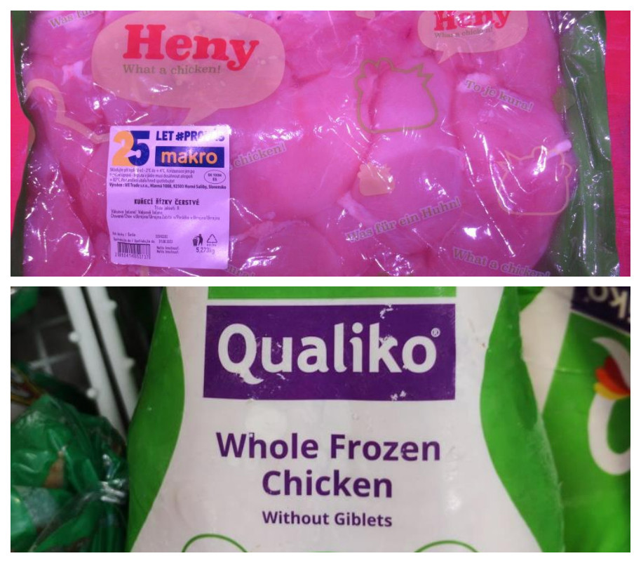 Nahoře: čerstvé maso, dole: mražené kuřecí maso