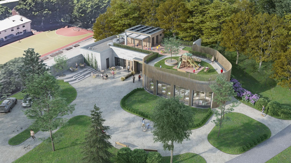 Objekt s dětskou skupinou u Košuteckého jezírka na vizualizaci