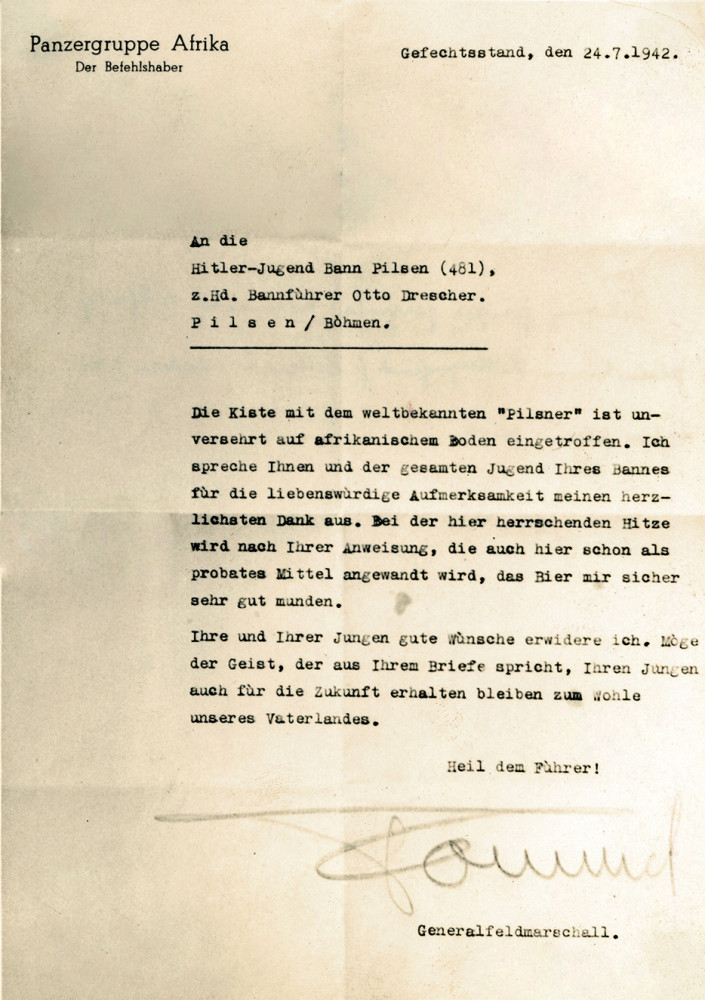 Kopie dopisu od maršála Erwina Rommela, který si pochvaloval plzeňské pivo