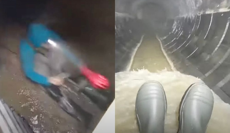 Brněnský tobogán. Muž nasadil rukavice a gumáky a natočil se, jak frčí kanálem jako na skluzavce