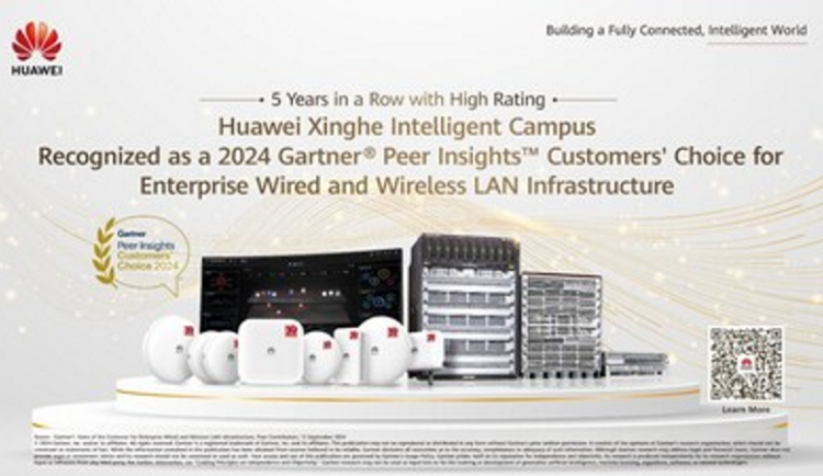 Společnost Huawei získala v žebříčku Gartner® Peer Insights™ 2024 ocenění Customer's Choice v oblasti pevné a bezdrátové firemní LAN infrastruktury