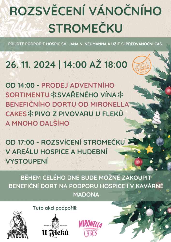 Hospici sv. Jana N. Neumanna zve na rozsvícení vánočního stromečku a benefiční jarmark