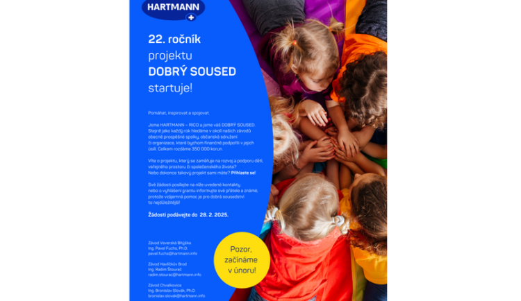 Startuje dvacátý druhý ročník projektu Dobrý soused. HARTMANN – RICO rozdá spolkům a neziskovkám v okolí závodů celkem 500 tisíc korun