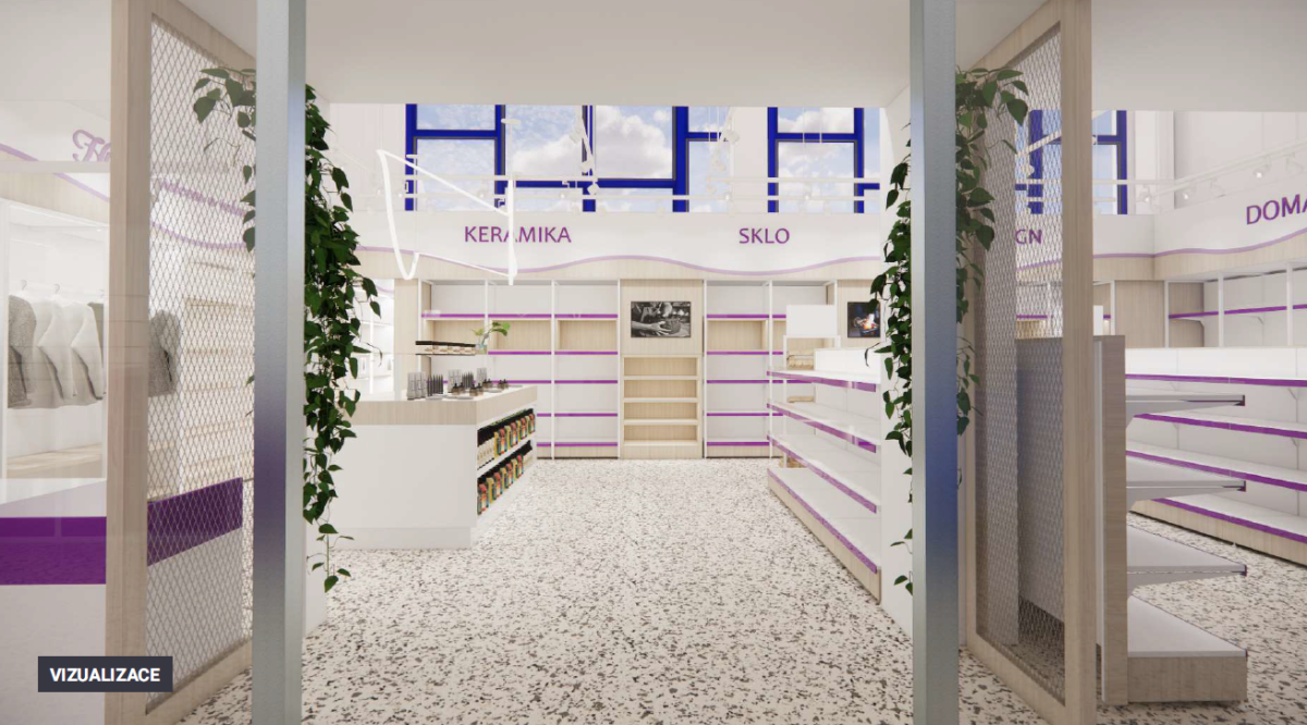Vizualizace budoucí prodejny potravin a dalších produktů.