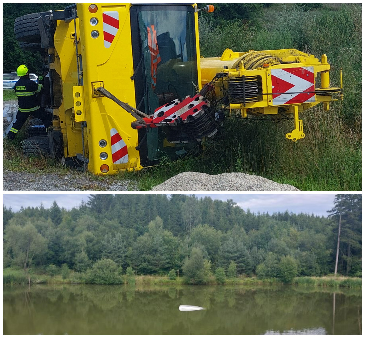 Převrácený jeřáb, auto v rybníku. Záchranné složky zaměstnaly neobvyklé nehody