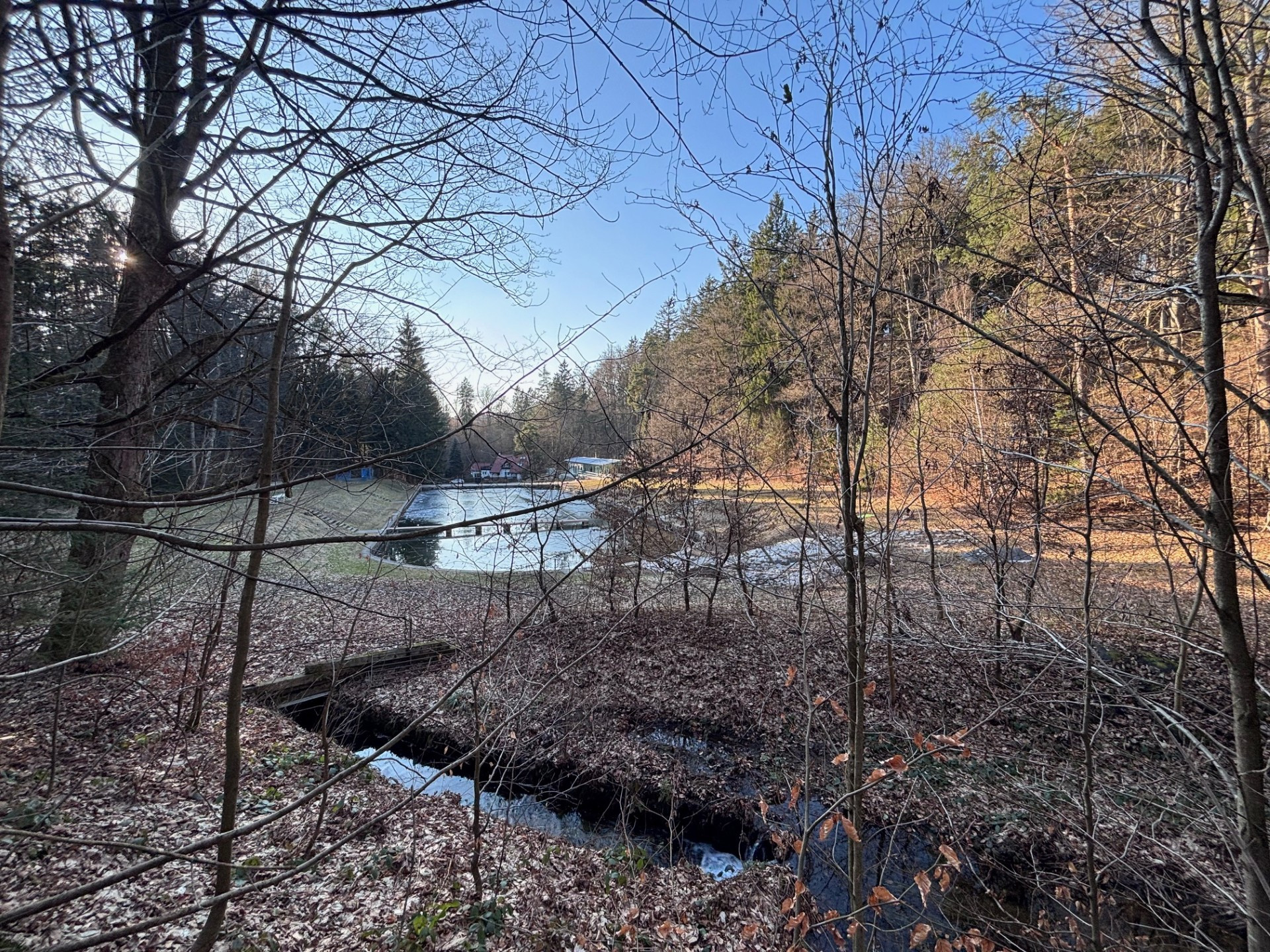 Lesní koupaliště s přítokem, kterým při přívalových deštích přitékalo bahno z okolních kopců.