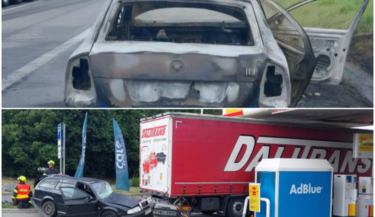 Perný den na D1: Jedno auto hořelo, další řidička nabourala vozidlo na benzince