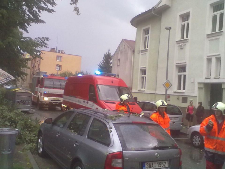 Pád větve stromu na zaparkovaná auta v ulici Československých legií. Foto Ivana Prouzová