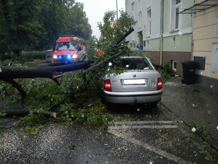 Pád větve stromu na zaparkovaná auta v ulici Československých legií. Foto HZS Jihočeského kraje