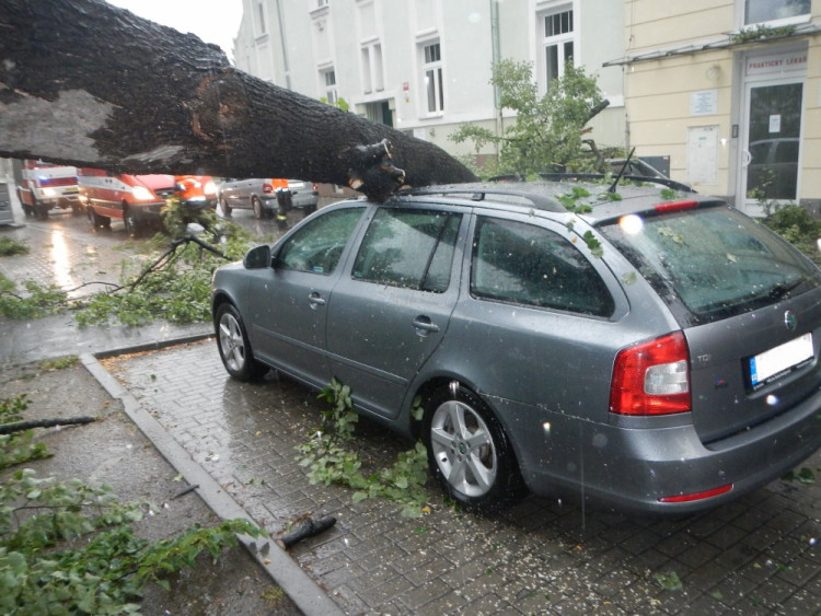 Pád větve stromu na zaparkovaná auta v ulici Československých legií. Foto HZS Jihočeského kraje