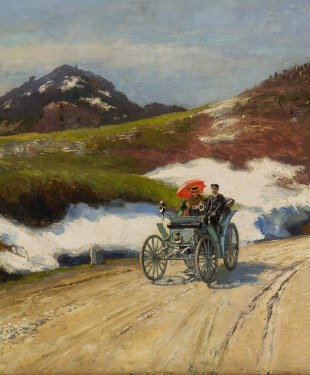 Na tomto obraze od Hugo Charlemonta je znázorněn Liebieg se svou ženou a autem Benz Victoria. V pozadí Ještěd. 