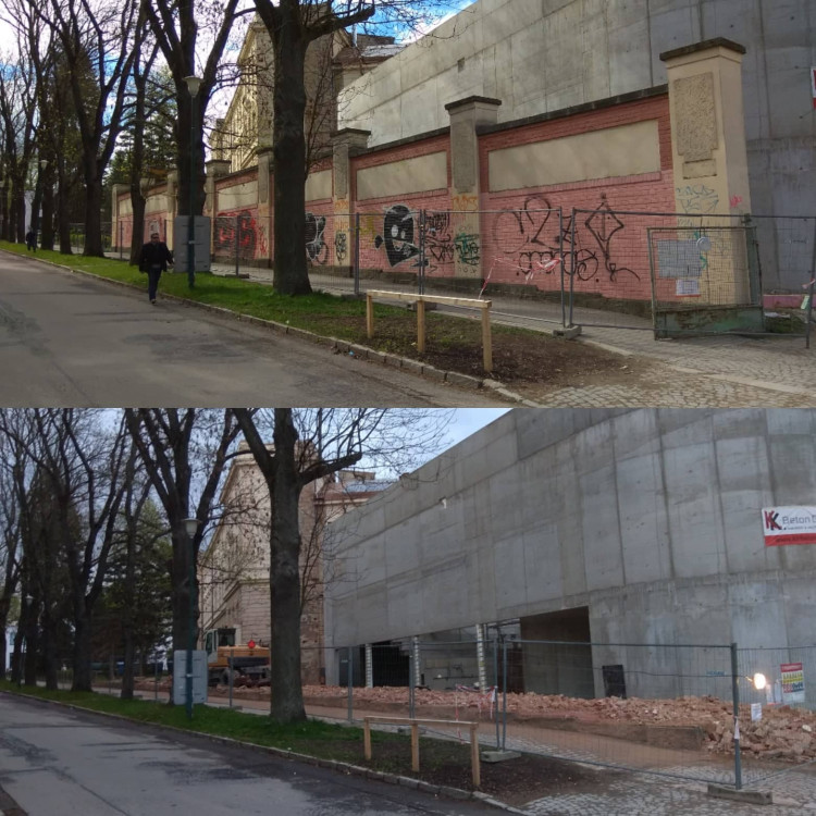 Bourání zdi u autobusového nádraží