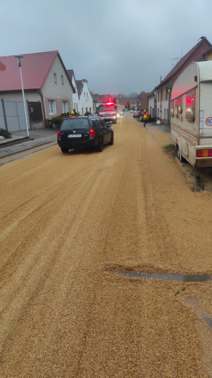 Vysypané zrní na vozovce v Dolní Cerekvi
