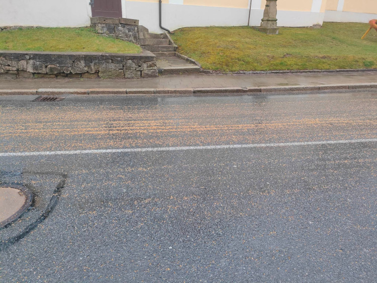 Vysypané zrní na vozovce v Dolní Cerekvi