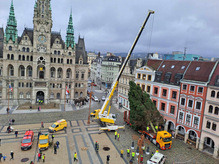 Vánoční strom dorazil před Libereckou radnici