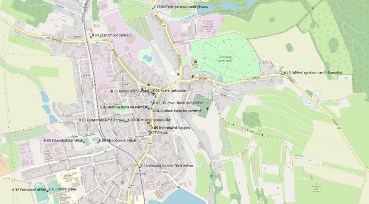 Rozmístění kamer po městě. V budoucnu mohou přibýt další. Mapa: poskytl Vladislav Hynk