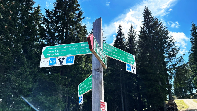 Rozcestí u Chamer Hütte vás nasměruje na vrcholek Malého Javoru