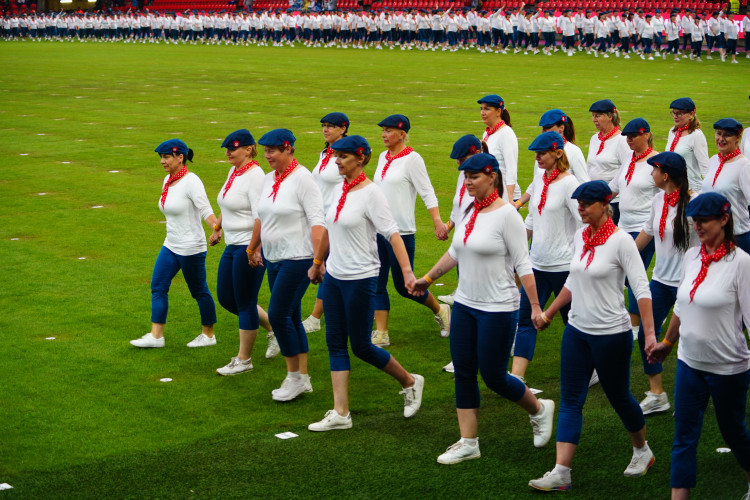 FOTOGALERIE: Prapor od prezidenta, déšť a plný Eden. Podívejte se, jak vypadala první hromadná skladba všesokolského sletu