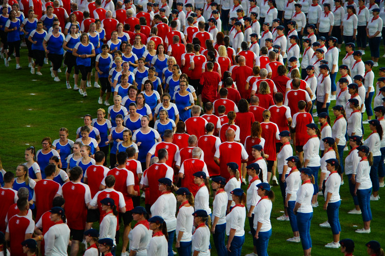 FOTOGALERIE: Prapor od prezidenta, déšť a plný Eden. Podívejte se, jak vypadala první hromadná skladba všesokolského sletu