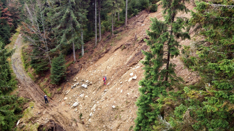 Začátek sesuvu ve smrčině nad Milionovou cestou. Cesta těsně po opravě. Dolní část severního svahu Velkého Klínovce.