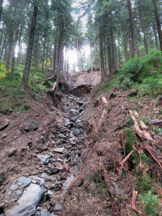 Střední část sesuvu pod Milionovou cestou. Pod stojící postavou je hloubka prahu asi 11 metrů.