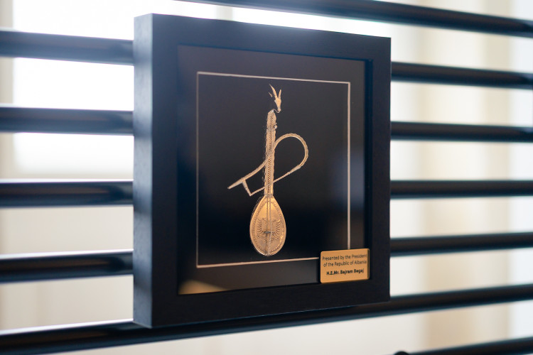 Obrázek se stříbrnou mandolínou od prezidenta Albánské republiky.