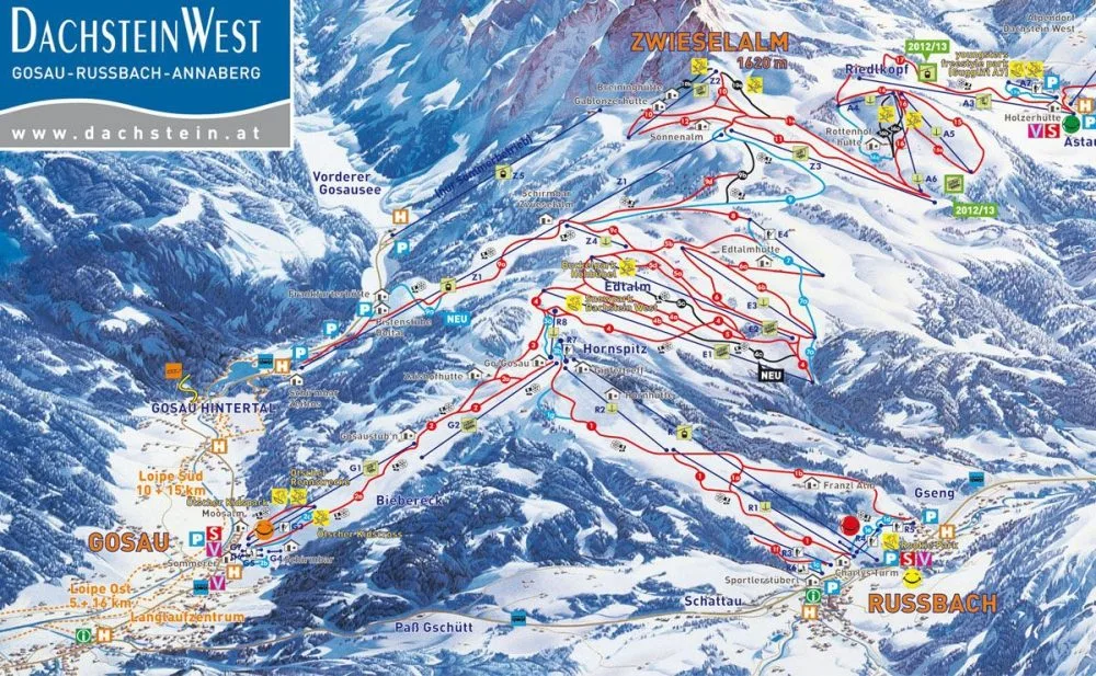Středisko Dachstein-West tvoří převážně modré a červené sjezdovky