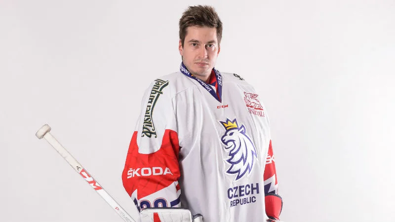 Brankář národního týmu David Rittich. Zlatá korunka na hlavě lva symbolizuje, že se jedná o seniorský dres. U juniorských a mladších kategorií bude mít korunka bílou barvu.
