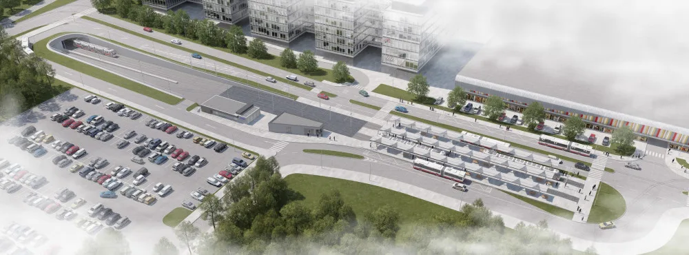 Vizualizace tramvajové smyčky na kampus.
