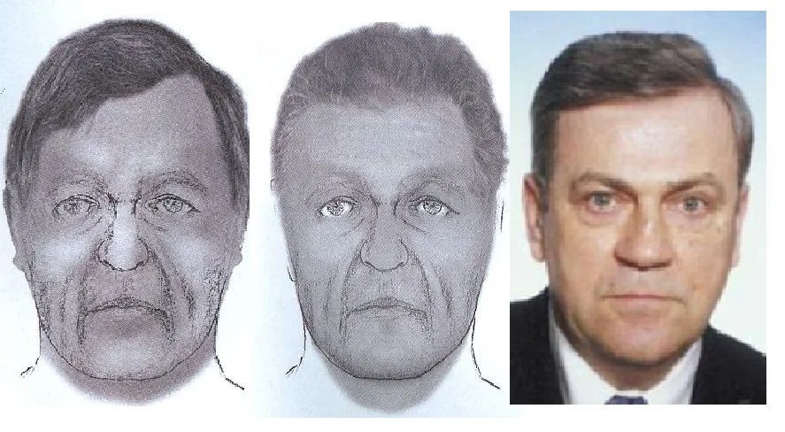 Portrét pohřešovaného muže vypracovaný na základě rekonstrukce obličeje, třetí tvář patří Lambertu Krejčířovi.