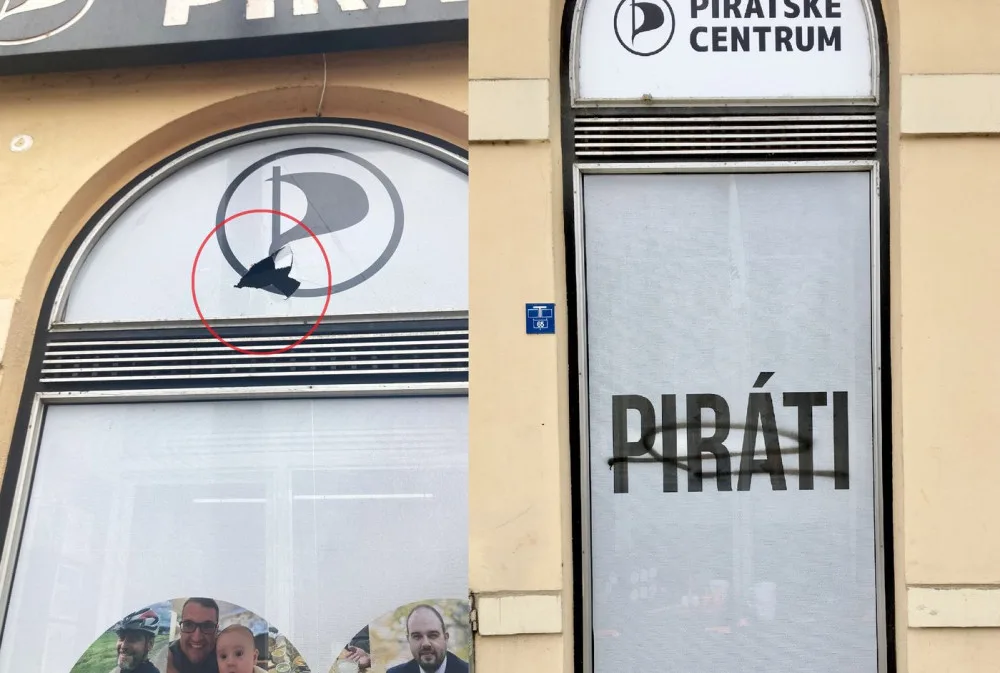 Neznámý vandal v noci zaútočil na sídlo Pirátů kamenem a sprejem.