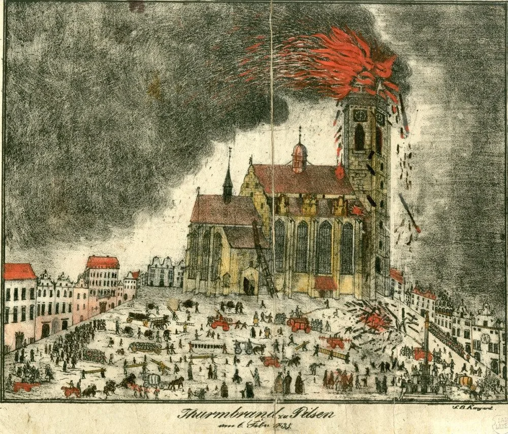 Další ničivý požár postihl Plzeň v roce1835, kdy blesk zapálil věz kostela sv. Bartoloměje, zdroj: Archiv města Plzně.