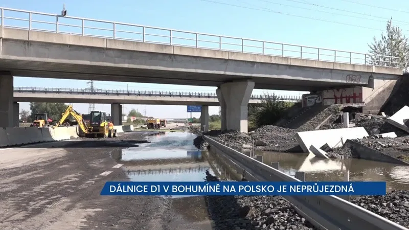 Dálnice D1 v Bohumíně u polských hranic je kvůli následkům povodní stále uzavřena
