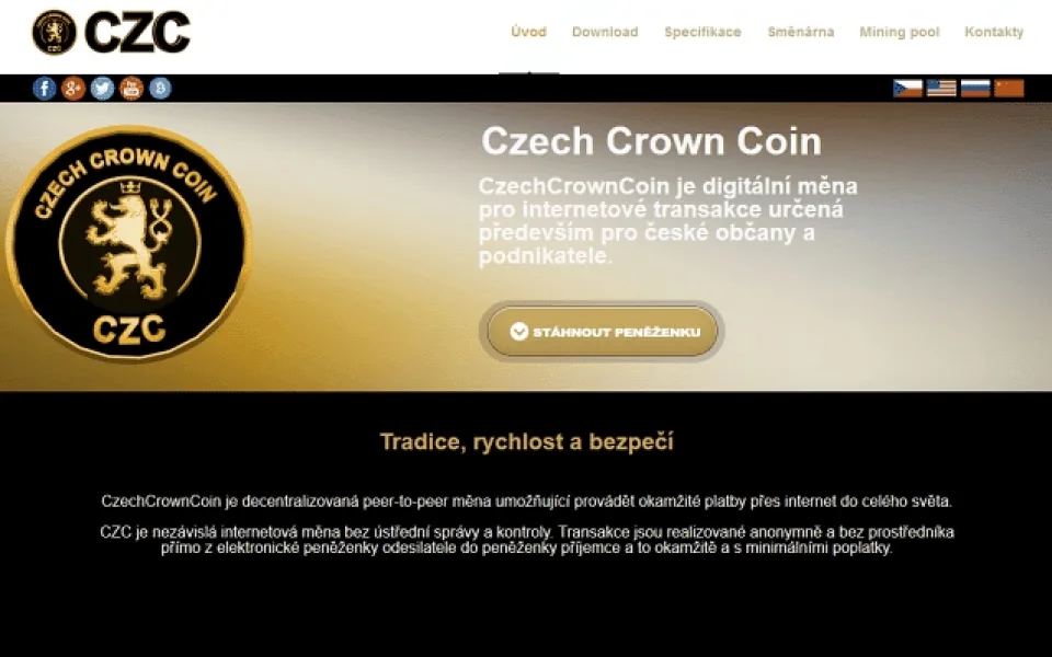 První česká virtuální měna s názvem Czech Crown Coin (CZC). Jde o měnu, která umožní platby přes internet. Zároveň bude obchodní komoditou, kterou lze koupit či prodat na burze. screenshot: www.czechcrowncoin.com ČN