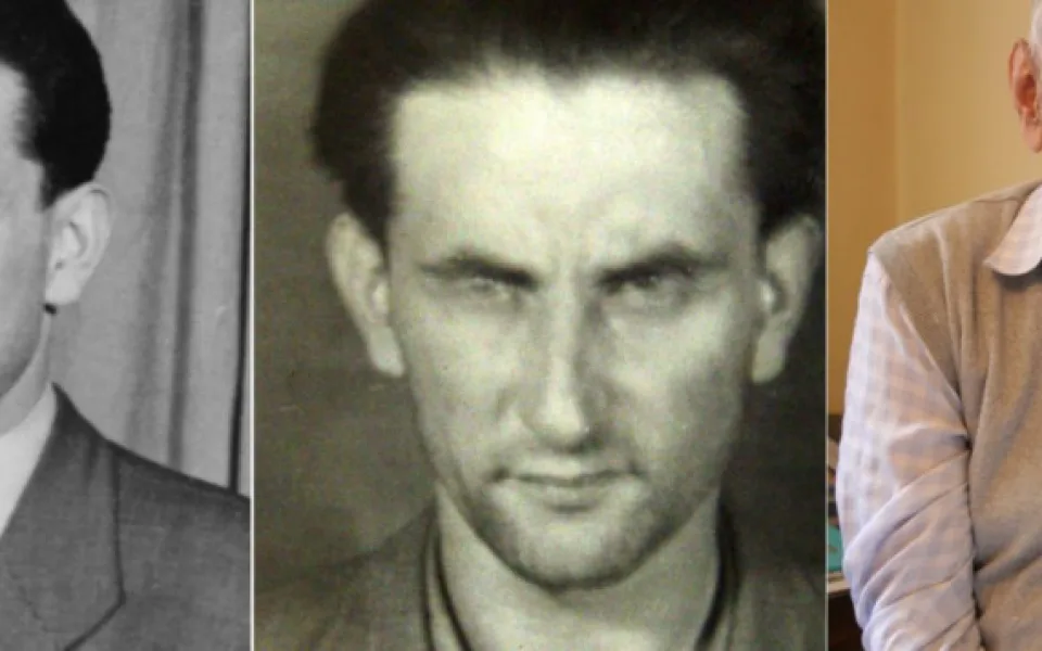 Alexander Feuerstein. Uprostřed při zatčení v roce 1951, vpravo současný portrét.